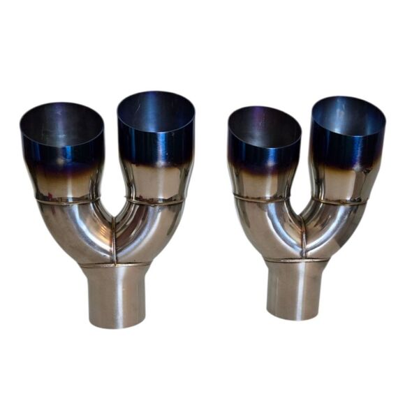 Pair Offset 2.25" In Quad 3" Out Dual Wall Exhaust Tip Stainless Steel Staggered - Picture 1 of 9